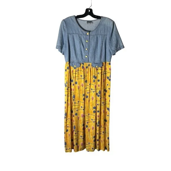 Vintage Karlie Collection Denim & Floral Midi Dress Size 14 Yellow & Blue - Picture 2 of 11